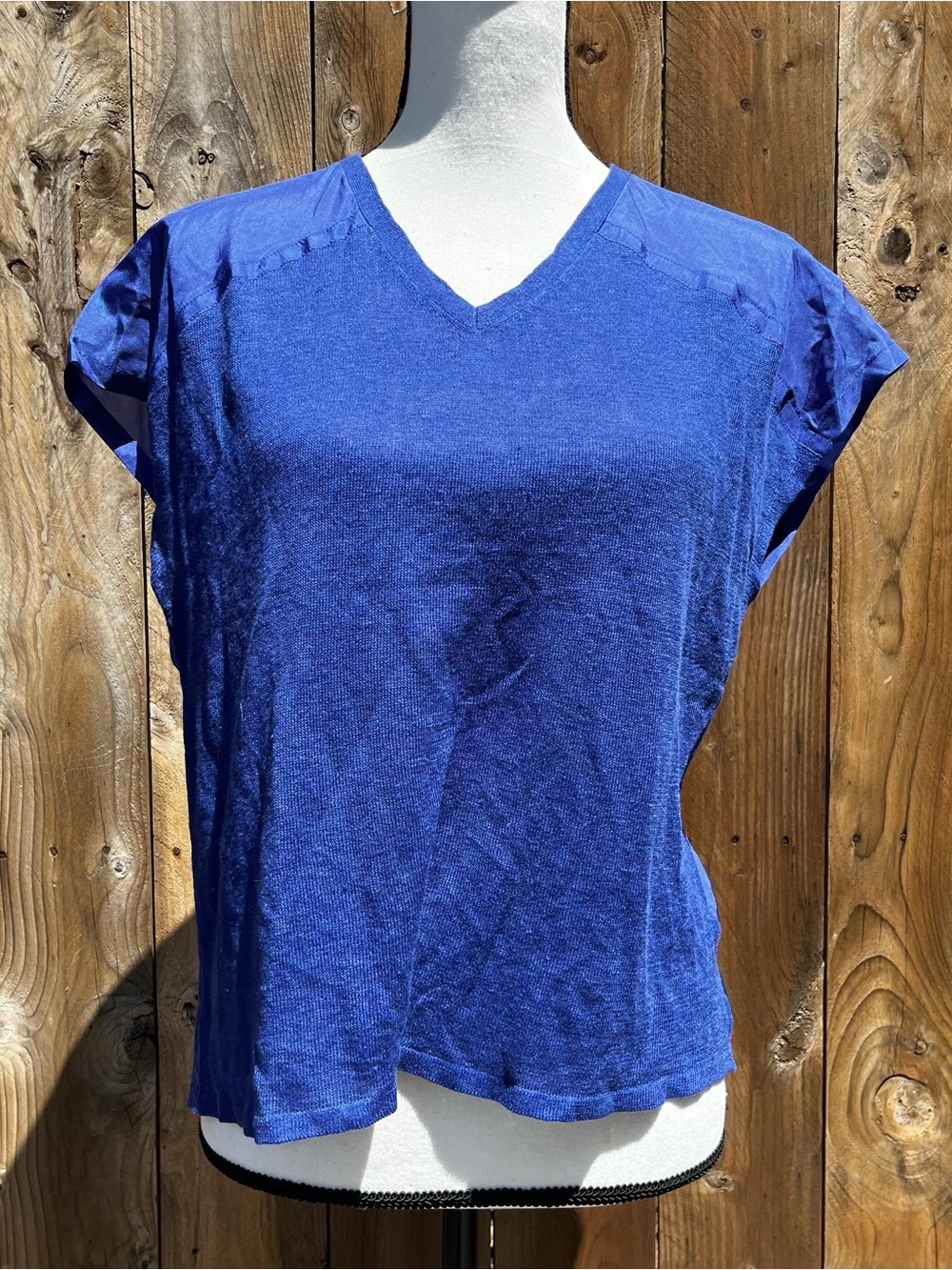 Brand New Eileen Fisher Blue Linen Silk Women's V-Neck Short Sleeve Top